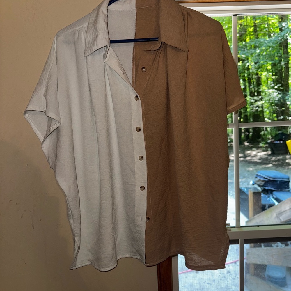 Two-Tone Button Down Shirt in White and Brown Blouse